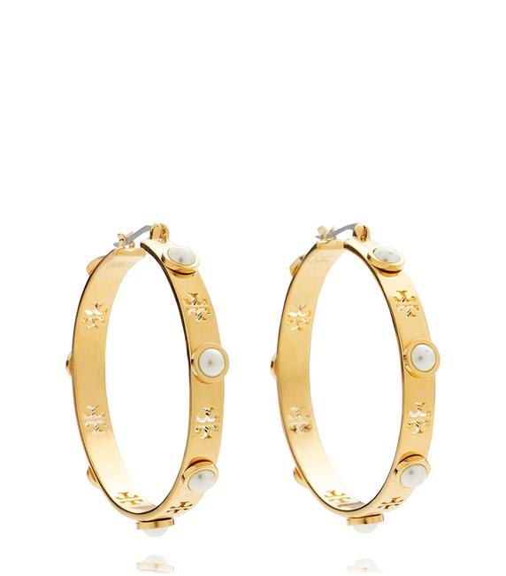 Tory Burch Gold T T pearl Logo Hoop Earrings 