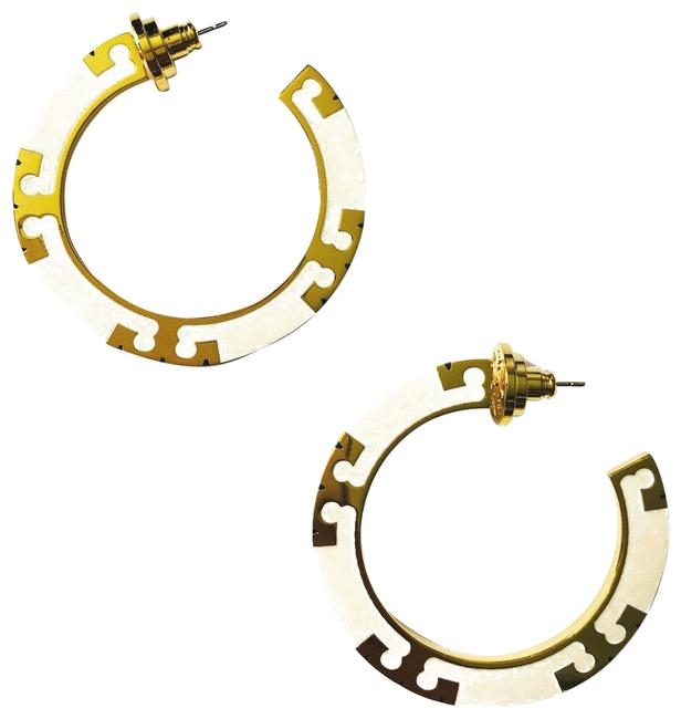 Tory Burch Gold T T stripe Hoop Ivory &amp Brass Earrings 