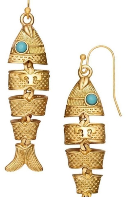 Tory Burch Gold Turquoise Fish New Hook Dangle Drop Dust Bag Earrings 