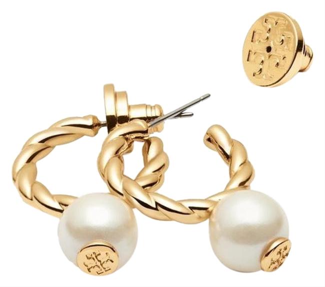 Tory Burch Gold White Rope Logo Bead Hoop Earrings 