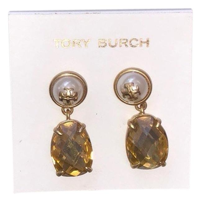 Tory Burch Gold Yellow Epoxy Pearl Stone Earrings 