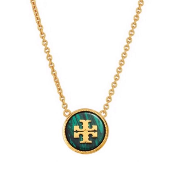 Tory Burch Green Gold Semiprecious Stone Logo Necklace 