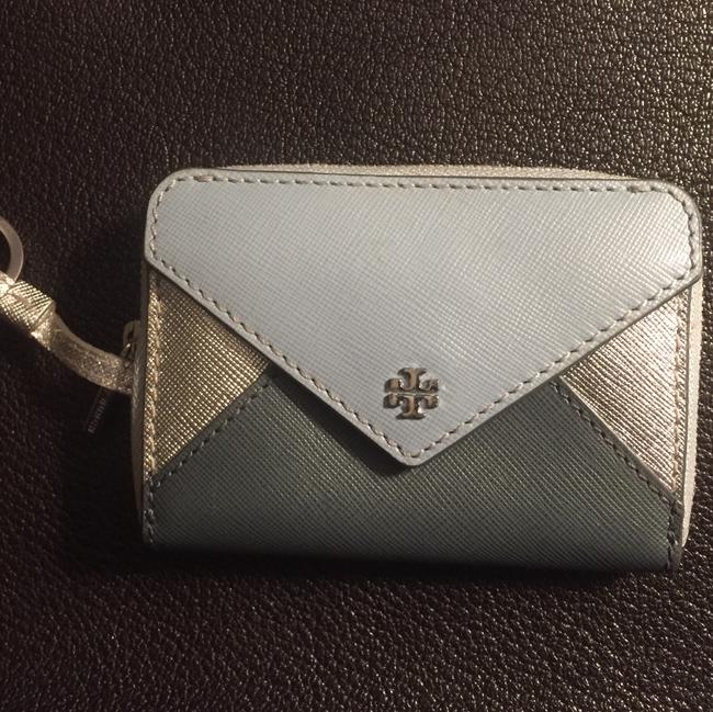Tory Burch Greens &amp Silver Zip Coin Key Card Case Wallet 