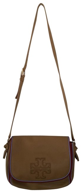 Tory Burch Harper Stripe Tan Leather Messenger Bag 