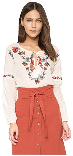Tory Burch Ivory Embroidered Peasant Tassel Blouse