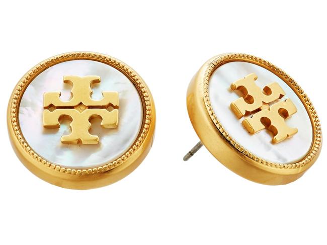 Tory Burch Ivory Stud New Semi precious Mother Of Pearl Logo Earrings 