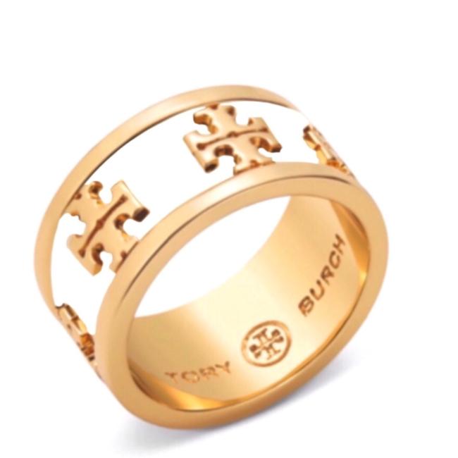 Tory Burch Ivory Gold Enamel Raised Logo Ring 