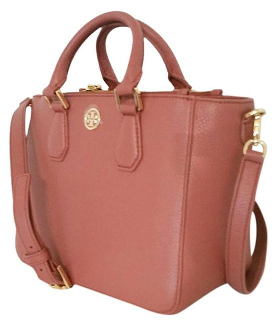 Tory Burch Landon Mini Square Double Zip Maple Sugar Pebbled Leather Tote 