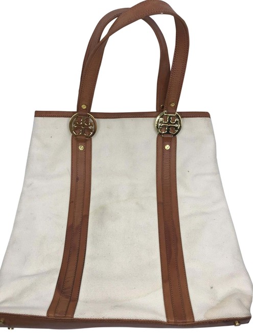 Tory Burch Large &amp Deep White Tan Fabric Shoulder Bag 