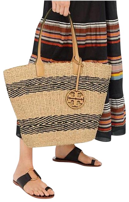 Tory Burch Miller Stripe Natural Black Straw Leather Tote 