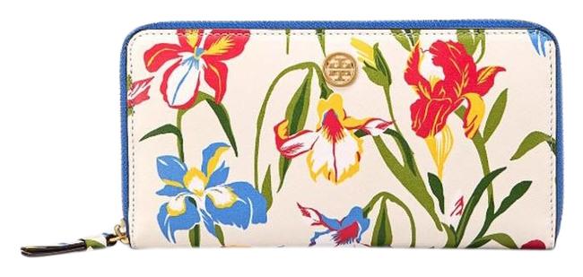 Tory Burch Multi Color Robinson Printed Iris Floral Leather Zip Around Wallet 