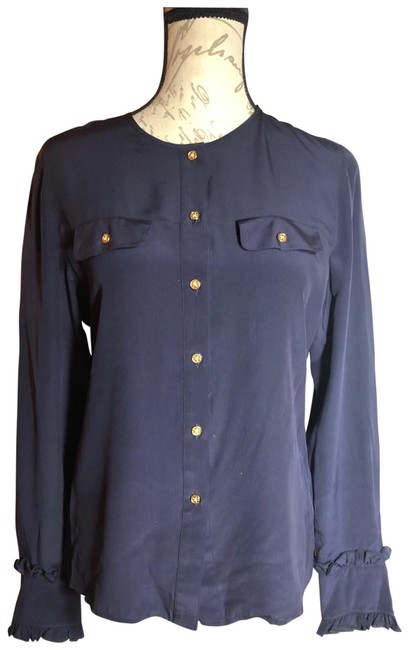 Tory Burch Navy Blue Bright Gold Nwot sz Silk Long Sleeved Blouse  