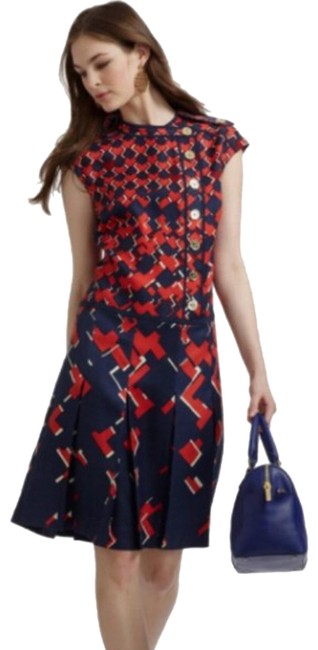 Tory Burch Navy Red Truman Silk Pleated Short Work Office DressS 