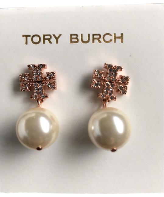 Tory Burch New Crystal Logo Pearl Drop Earrings 
