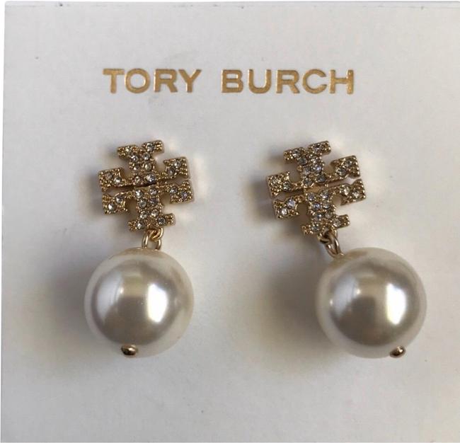 Tory Burch Nwot Crystal Logo Pearl Drop Earrings 