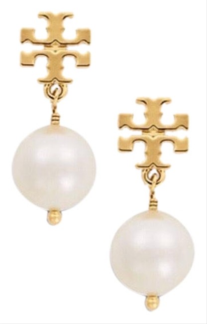 Tory Burch Crystal Pearl Logo Drop Earrings 