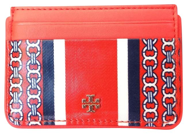 Tory Burch Orange Gemini Chain Stripe Slim Card Holder Wallet 