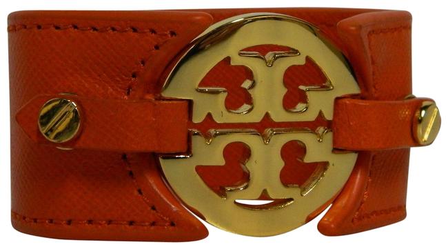 Tory Burch Orange Reva Logo Leather Cuff Bracelet 
