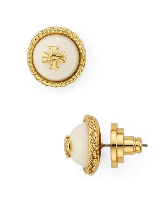 Tory Burch Pearl Gold Stud New Logo Rope Dust Bag Earrings 