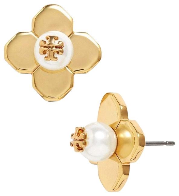 Tory Burch Pearl Ivory Gold Stud New Flower Logo Dust Bag Earrings 