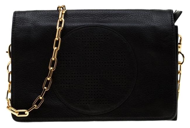 Tory Burch Perforated Logo Crossbody Fold Over Black Leather Shoulder Bag 