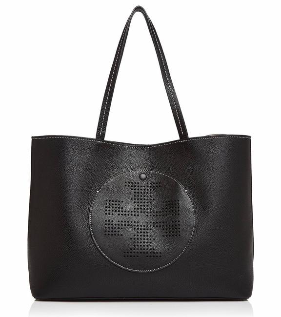 Tory Burch Perforated Logo To Black Leather Tote 
