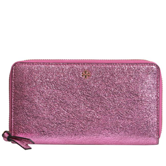 Tory Burch Pink Crinkle Metallic Zip Continental Wallet 