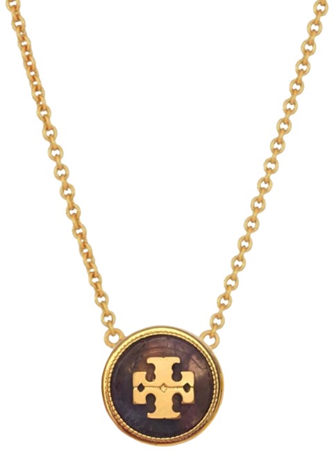 Tory Burch Purple Gold Semiprecious Logo Stone Necklace 