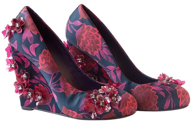 Tory Burch Red Flower Silk Leather New 395 Wedges 5 