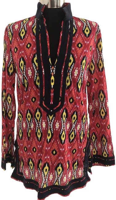 Tory Burch Red Multi Color W Print WBlack Accent Cotton Tunic  S 