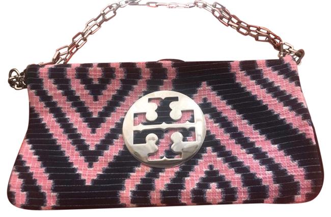 Tory Burch Reva Chevron Pink and Navy Fabric Leather Shoulder Bag 