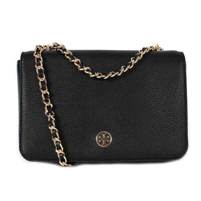 Tory Burch Robinson Logo Pebbled Adjustable Chain Black Leather Shoulder Bag 