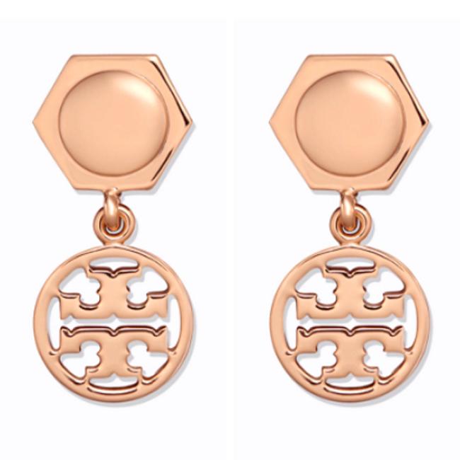Tory Burch Rose Gold Hexagon Drop Logo Earrings 