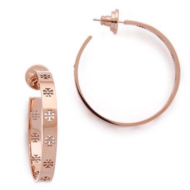Tory Burch Rose Gold Pierced Logo Hoop Earrings 