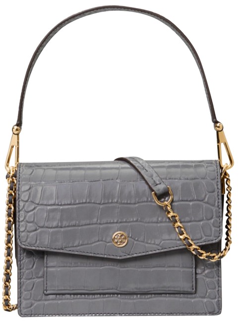 Tory Burch Shoulder Robinson Embossed Light Gray Leather Cross Body Bag 