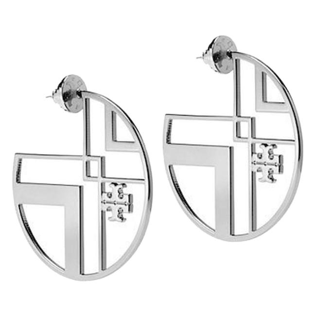 Tory Burch Silver Chevron Logo Hoop Earrings 