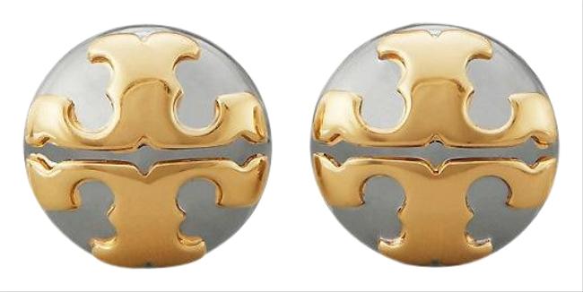 Tory Burch Silver Gold Stud Applied Logo Gold Black Earrings 