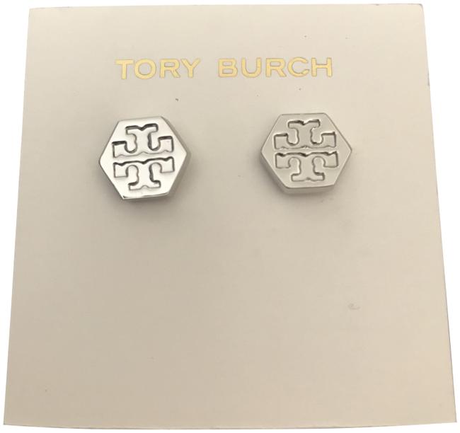 Tory Burch Silver Stud Hexagon Logo Earrings 
