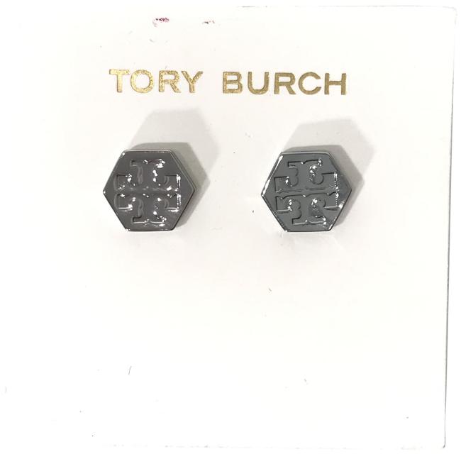 Tory Burch Silver Stud New Hexagon Logo Earrings 
