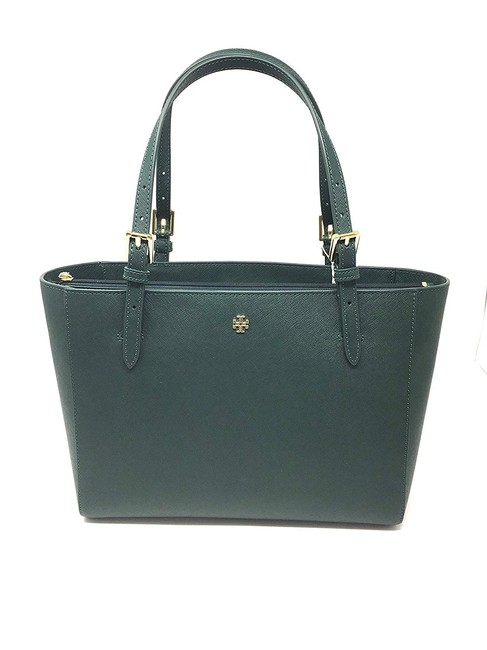 Tory Burch Small Buckle Jitney Green Saffiano Leather Tote 