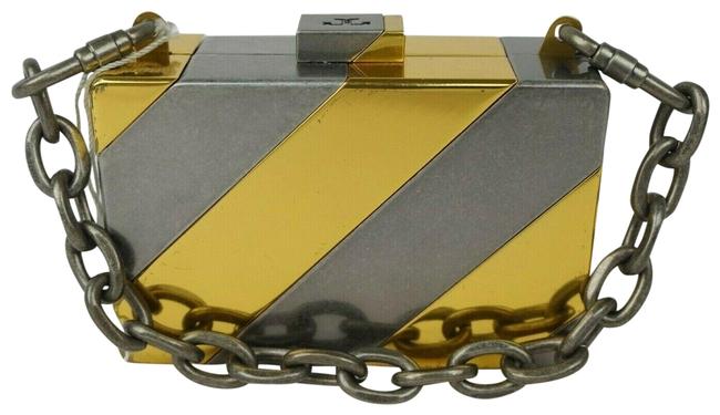 Tory Burch Stripe Gold and Chrome Metal Clutch 