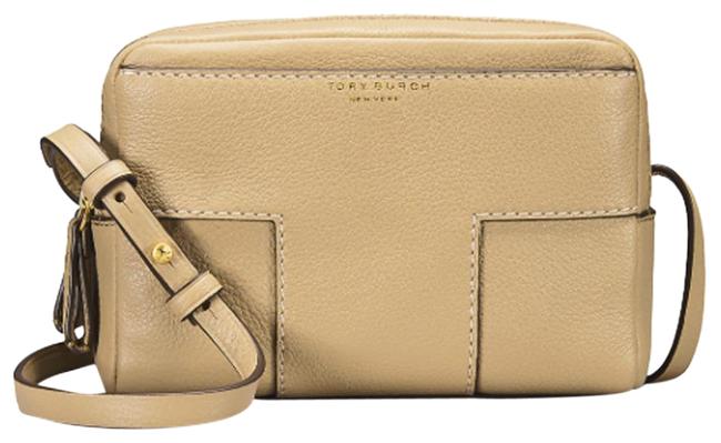 Tory Burch Block T T Savannah Double Zip Beige Leather Cross Body Bag 