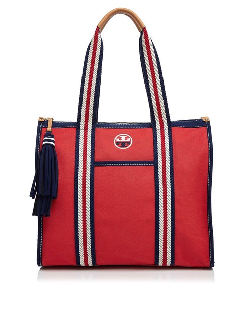Tory Burch Embroidered T Cherry Red Cotton Tote 