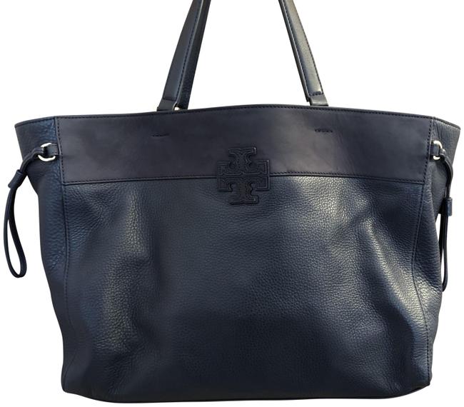 Tory Burch T Stacked Mixed Material Navy Suede and Pebbled Leather Tote 
