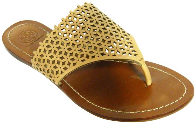 Tory Burch Tan Foral Print Leather Scalloped Sandals