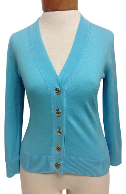 Tory Burch Turquoise Shrunken Simone with Gold Buttons Cardigan