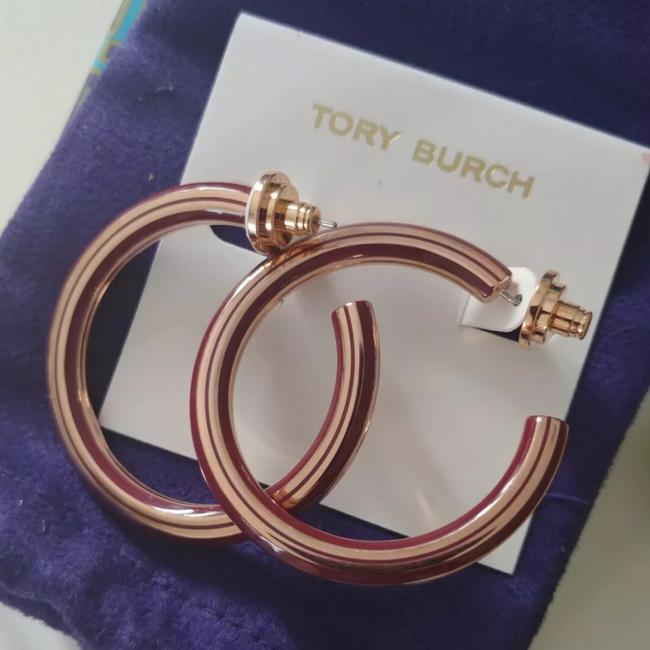 Tory Burch Tuscan WineRose Gold T Stretched Logo Hoop Earrings 