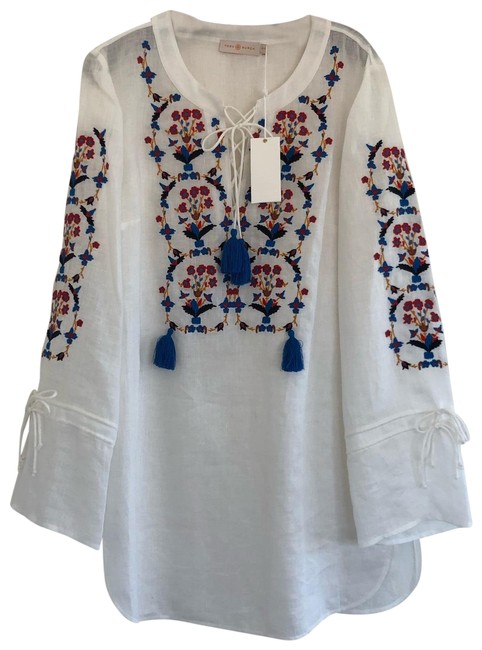 Tory Burch White Embroidered Wildflower Linen Beach Tunic 