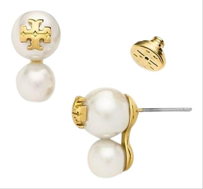 Tory Burch White Gold Stud Pearl Double Earrings 
