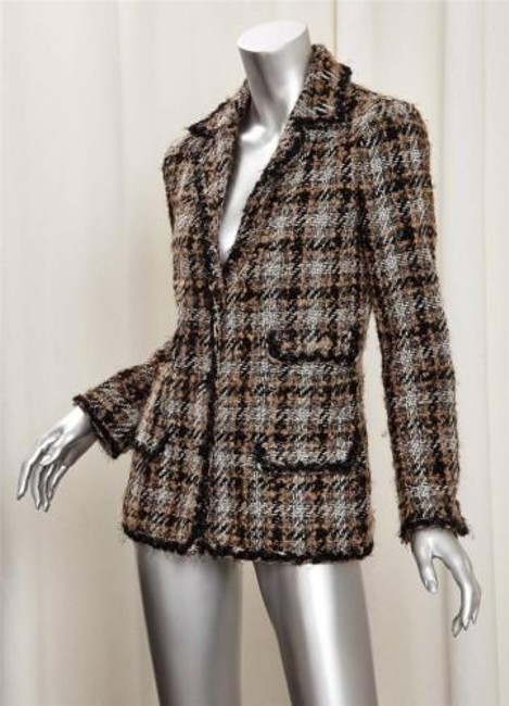 Chanel 05a Classic Womens Blacktan Tweed Boucle Plaid Blazer Jacket Coat 408 